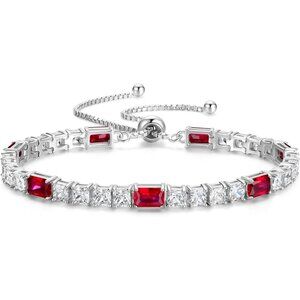 Birthstone Sterling Silver 4x6mm Gemstone Tennis Bracelet - 07-Ruby
